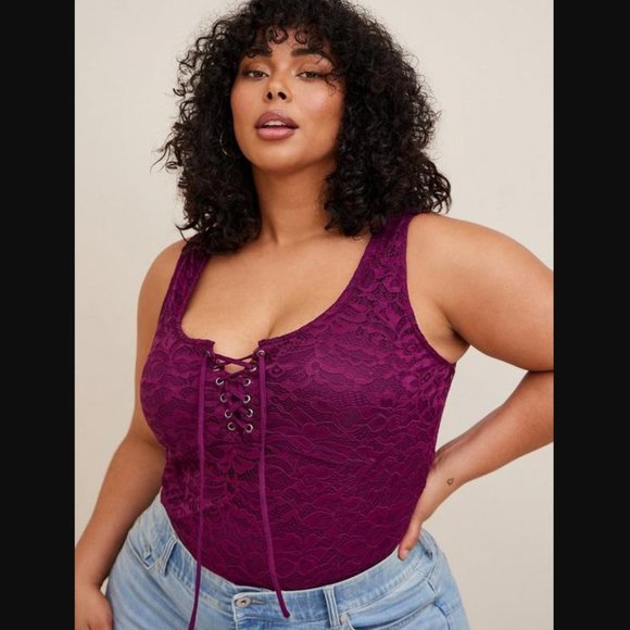 torrid Tops - TORRID PURPLE LACE CORSET SEAMED LACE-UP BODYSUIT